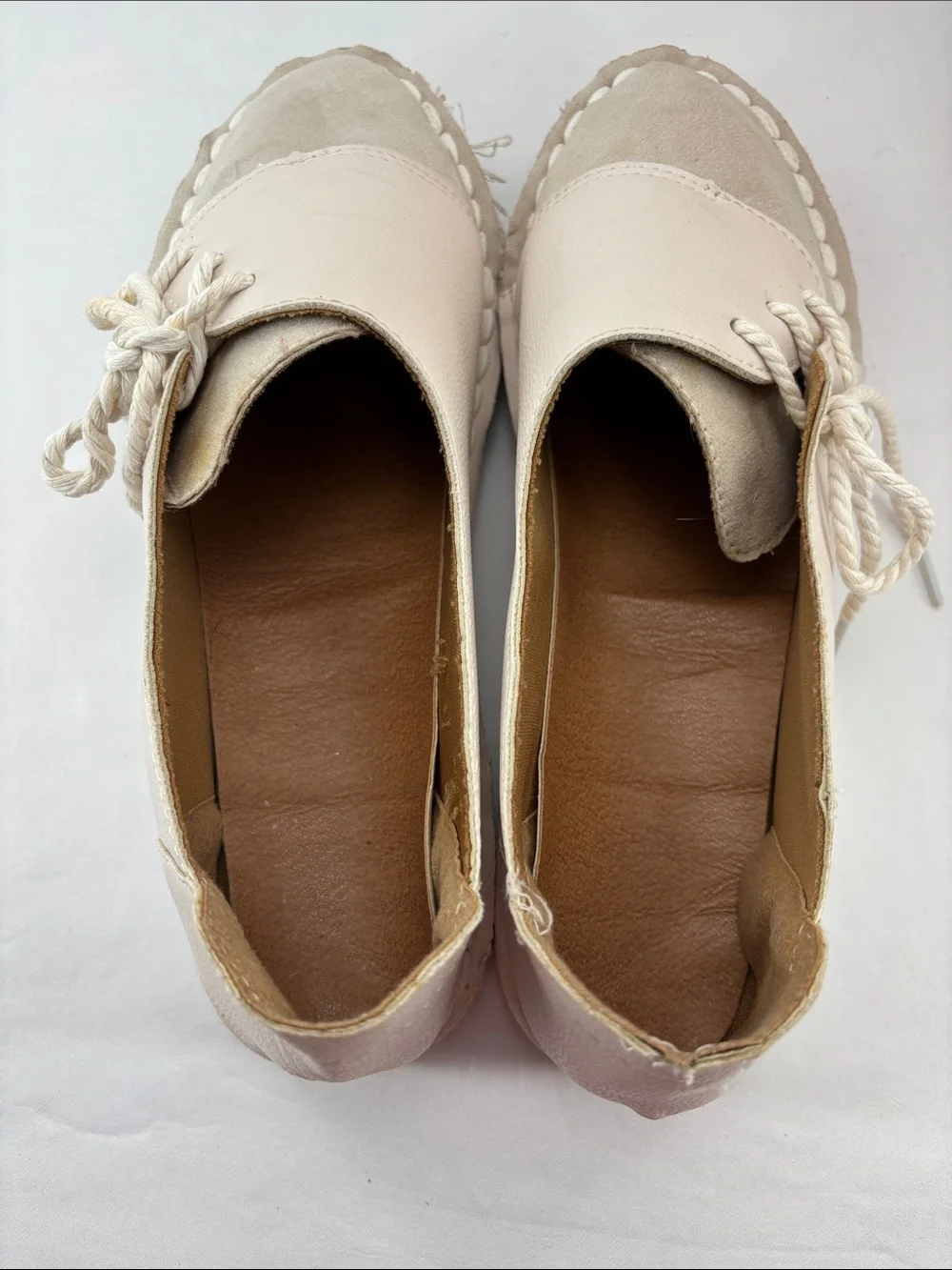 Fashion Women's 9.5 Casual Lace-Up Leather/Suede Flats - White & Cream #743